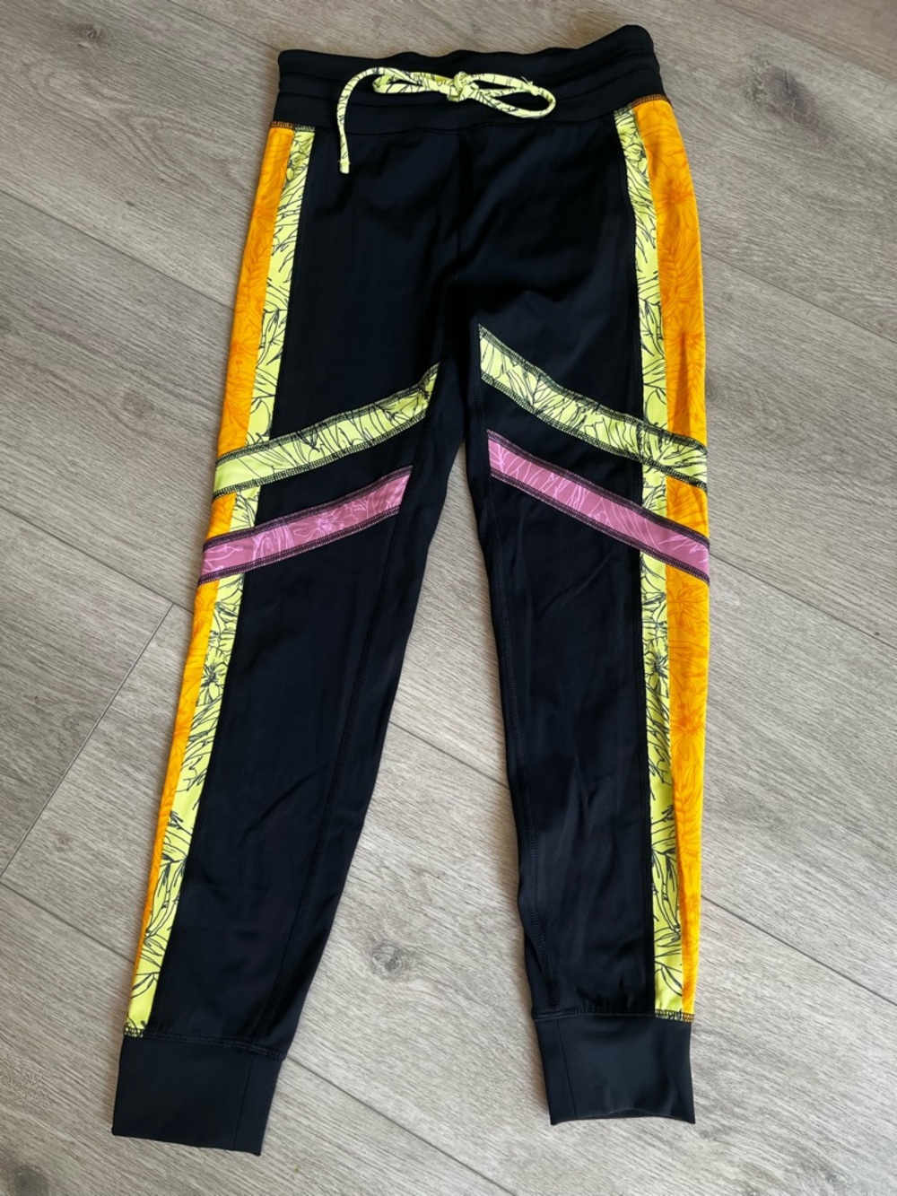 Athleta Black Joggers with Yellow and Pink Accents